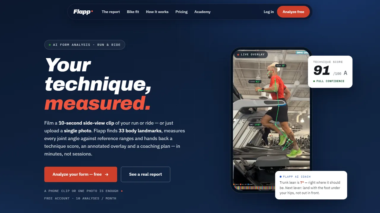 The getflapp.com home screen: the headline 'Your technique, measured', a phone showing a runner with joint angles overlaid, and a technique score of 91 out of 100